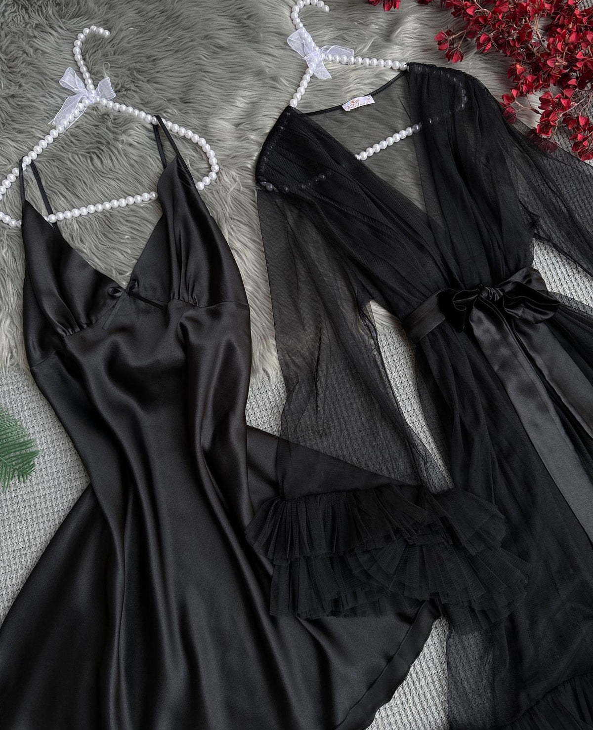 Black net silk cami , gown)
