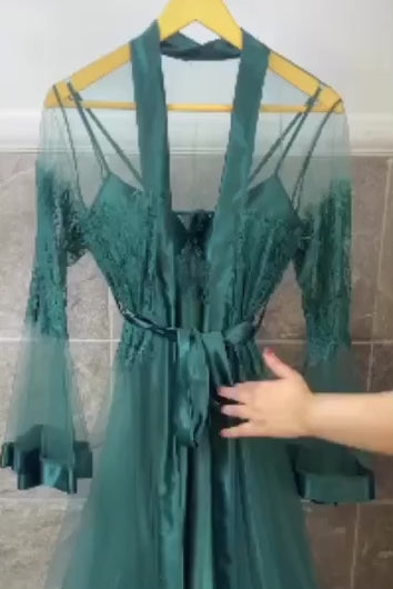 Silk sea green padded  long  cami , gown)