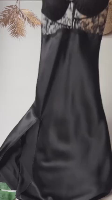 Silk black padded long cami,gown)