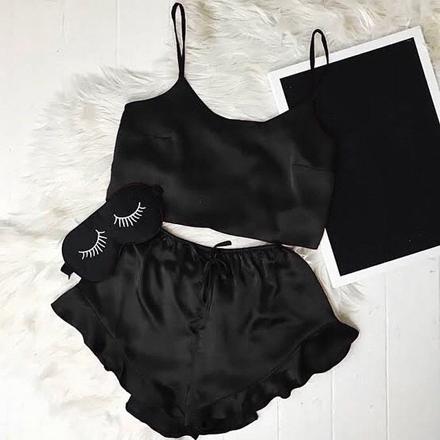 Royal Black Frill Satin Silk Camisets
