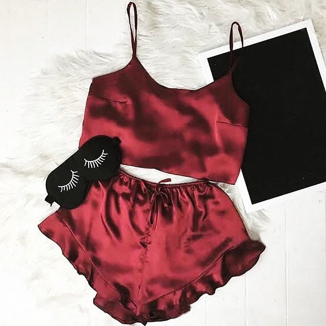 Maroon Black Frill Satin Silk Camisets